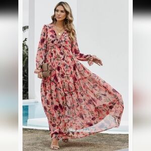 NWOT Garden Romantic Boho Floral Ruffle Trim Maxi Dress